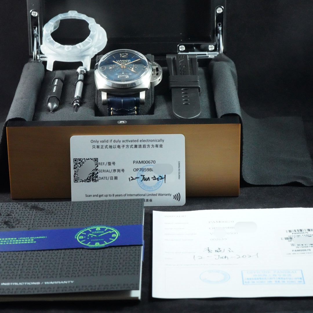 Panerai Luminor 1950 PAM00670 PAM 670 Equation Of Time 8 Days GMT Blue Dial 2021