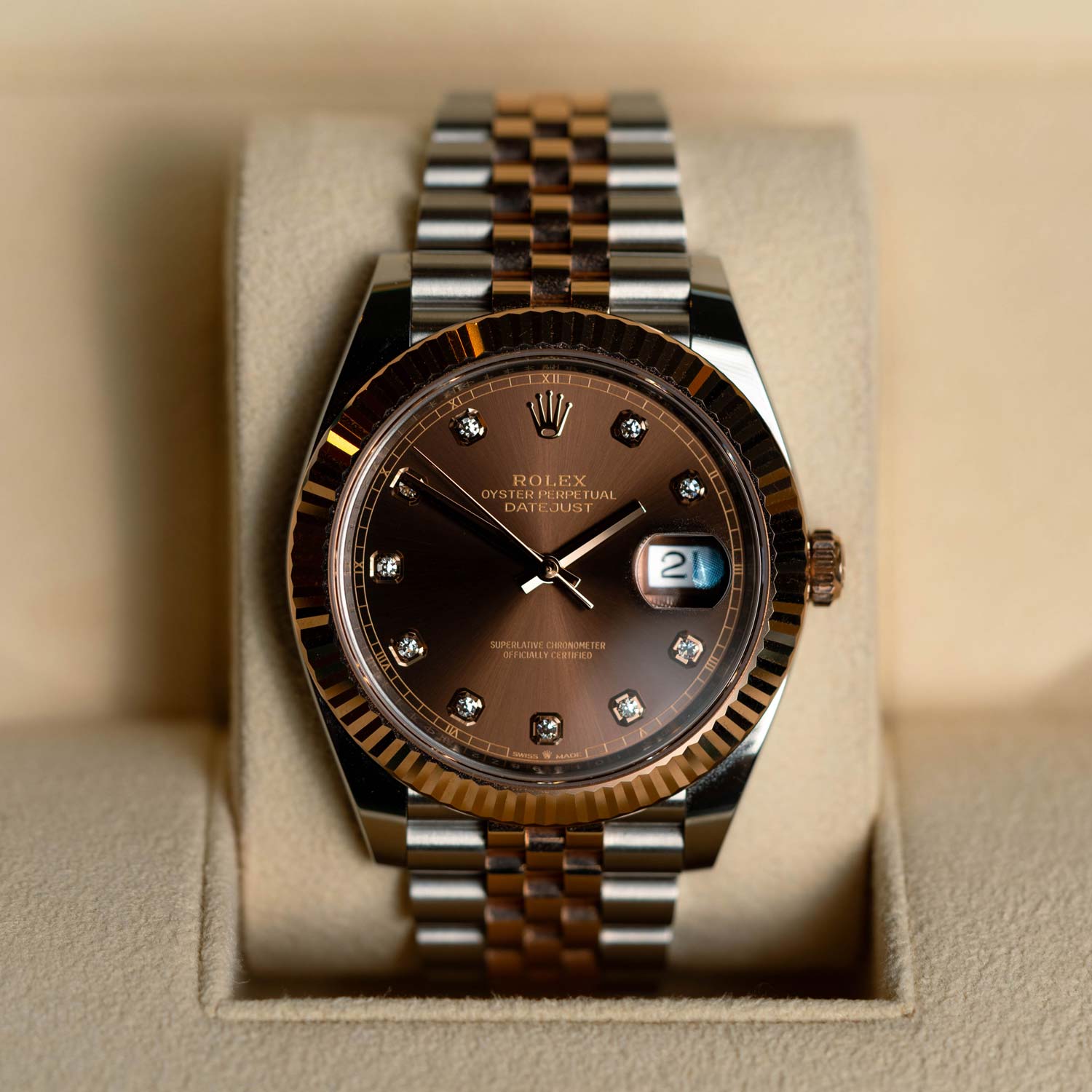 Rolex Datejust 41mm 126331 Rose Gold Fluted Bezel Chocolate Diamond Dial 2023 | Preowned