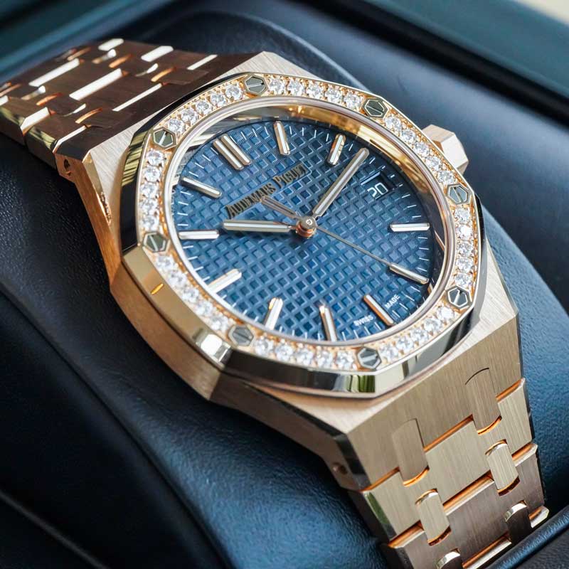 Audemars Piguet Royal Oak 15551or 37mm Rose Gold Blue Dial Factory Diamond Bezel 2026 Box & Papers
