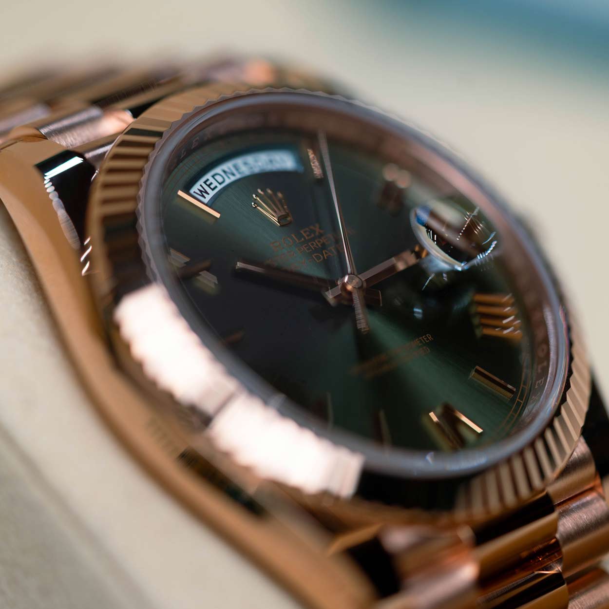 Rolex Day-Date 228235 Olive Dial President Bracelet 2024 Unworn