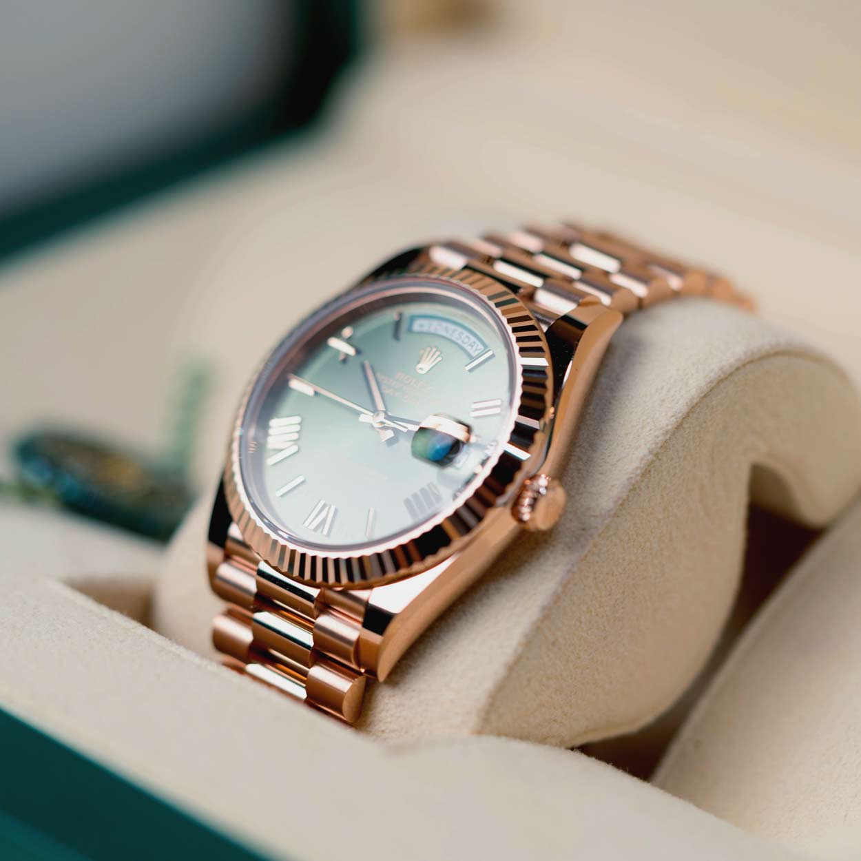 Rolex Day-Date 228235 Olive Dial President Bracelet 2024 Unworn